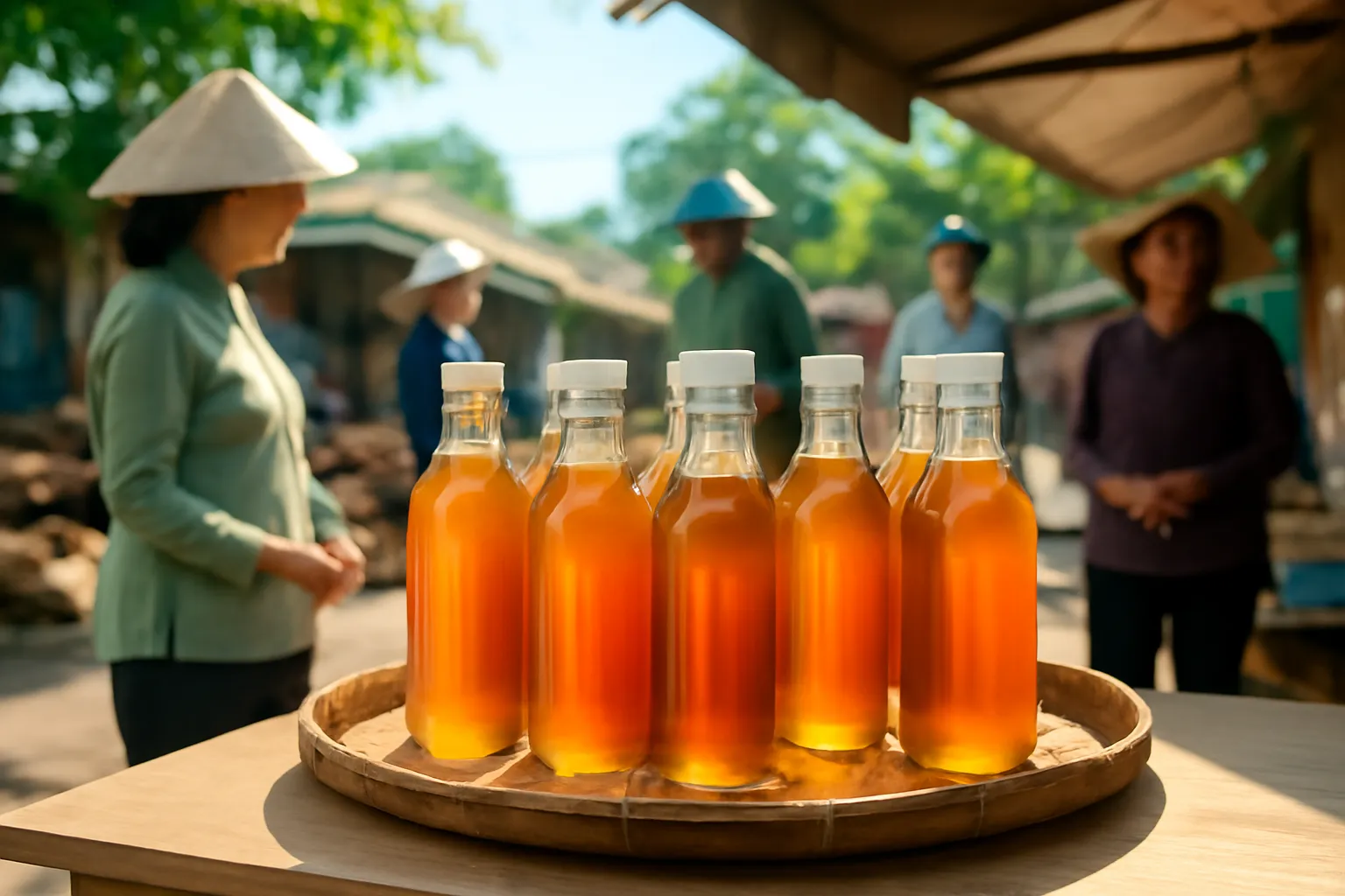 Sạp chợ phiên sạch sẽ bày chai mật ong dú trơn trên mẹt tre