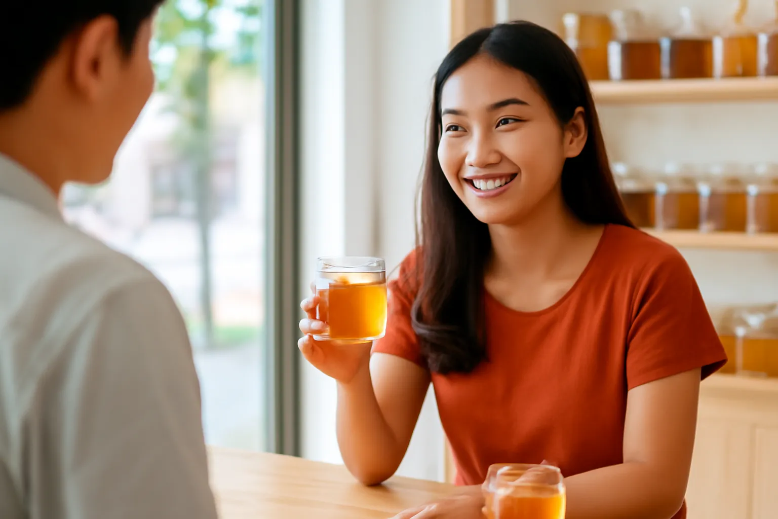 Cô gái trẻ cầm hũ mật ong dú trơn hỏi người bán bên quầy gỗ