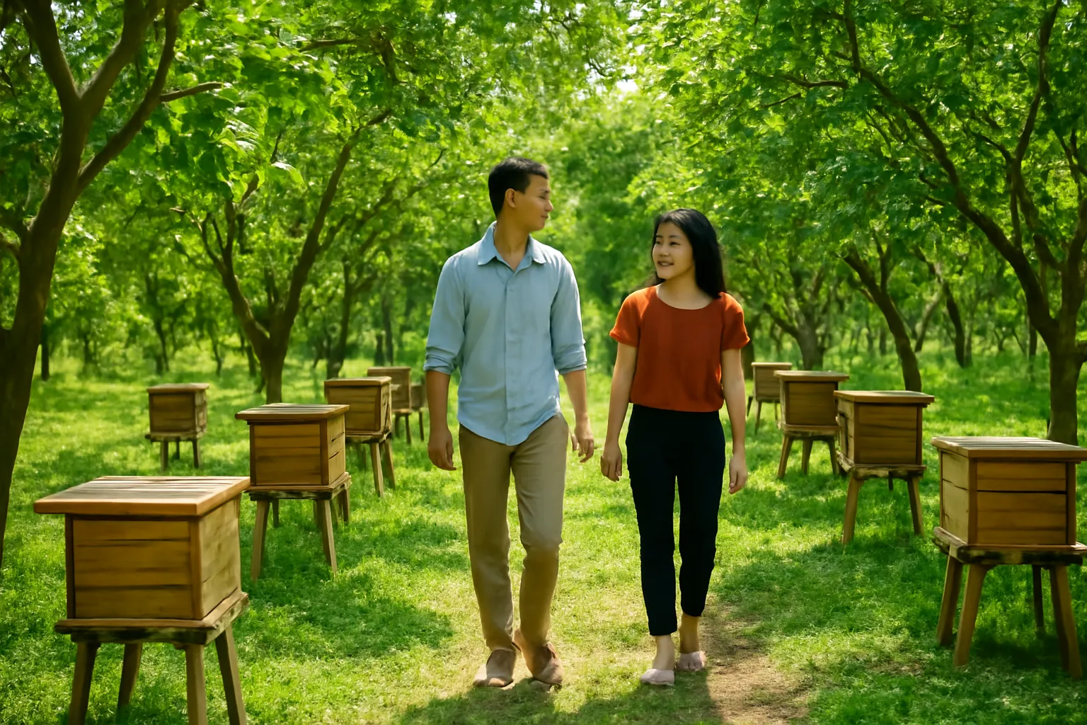 Cặp vợ chồng đi dạo giữa vườn trại có dãy hộp nuôi ong dú dưới tán cây