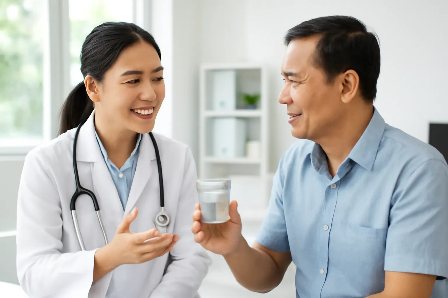 Bác sĩ trẻ tư vấn cho người mua trong phòng khám sáng sủa