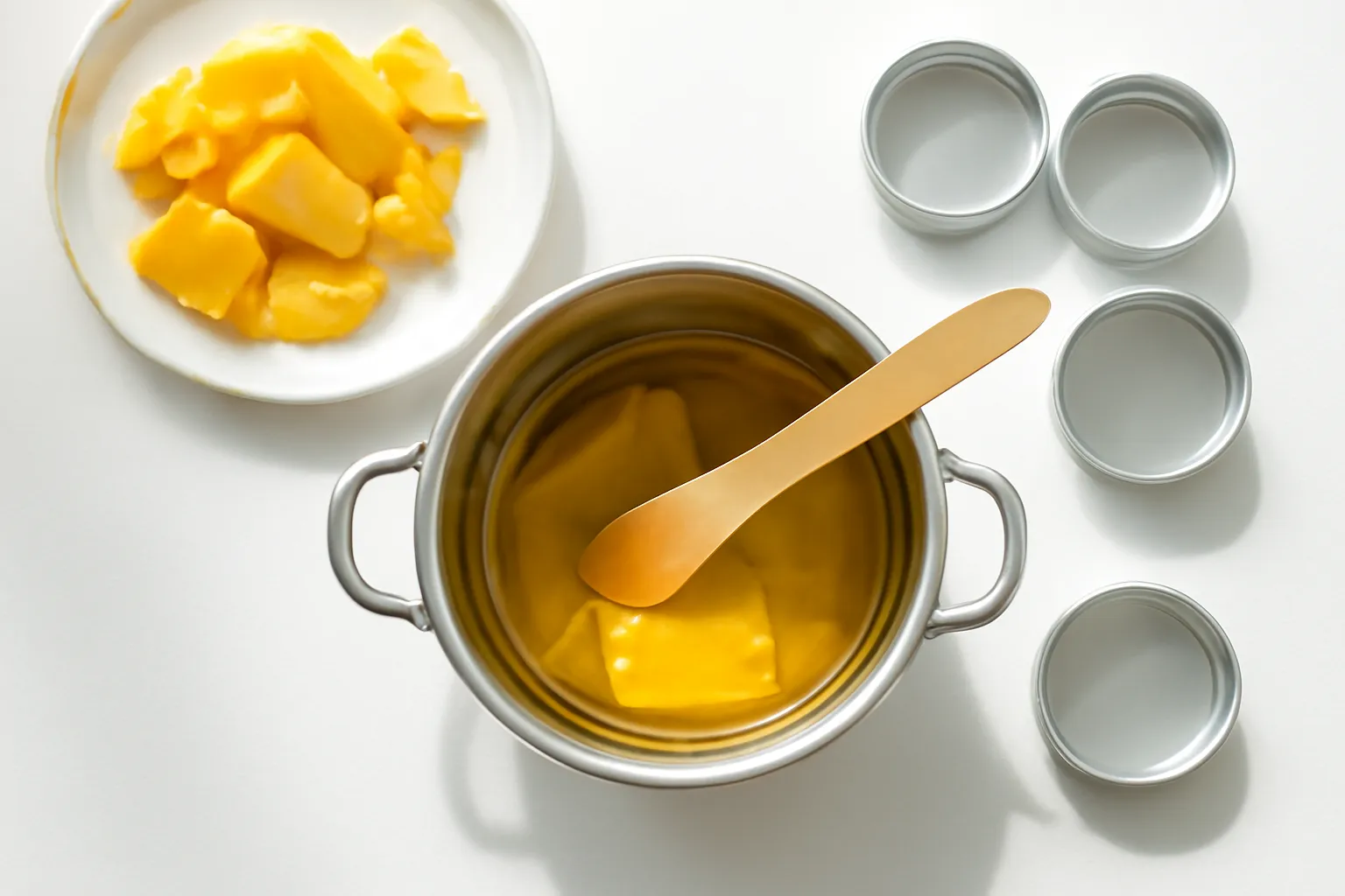 Bàn làm son dưỡng thủ công với nồi nhỏ, que khuấy và hũ trơn