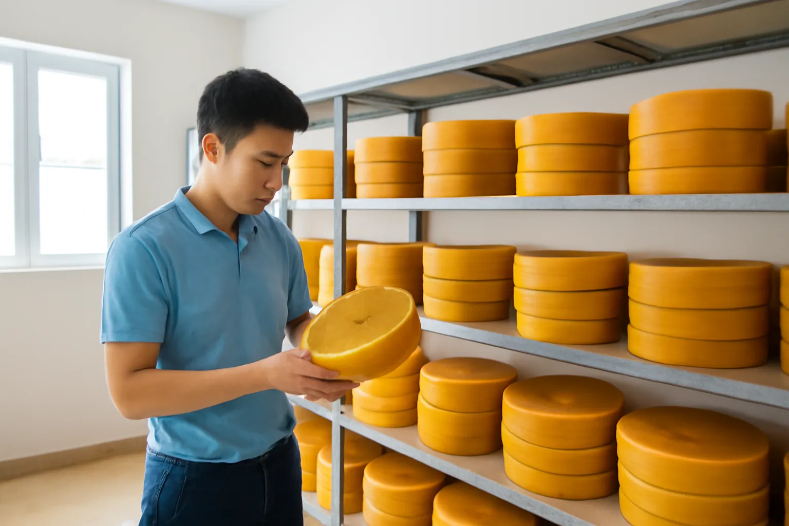 Những bánh sáp vàng sẫm xếp chồng ngay ngắn trong kho sáng sủa
