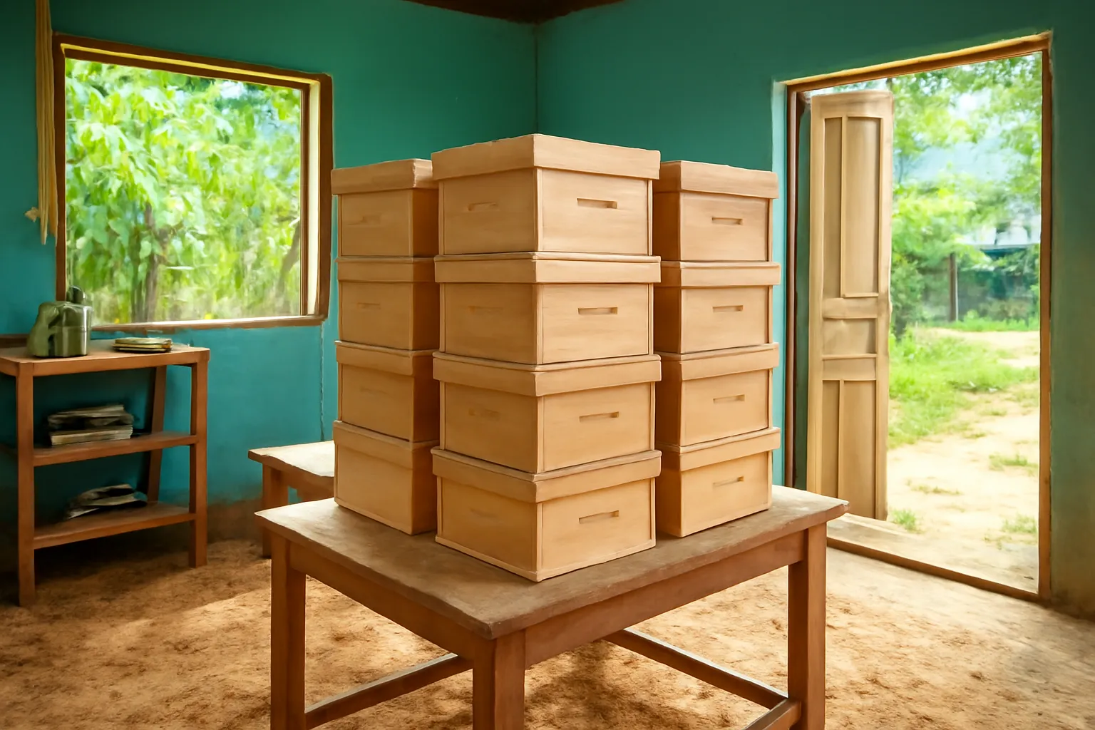 Xưởng mộc nhỏ sáng sủa với các thùng nuôi ong dú gỗ mới bào xếp chồng gọn