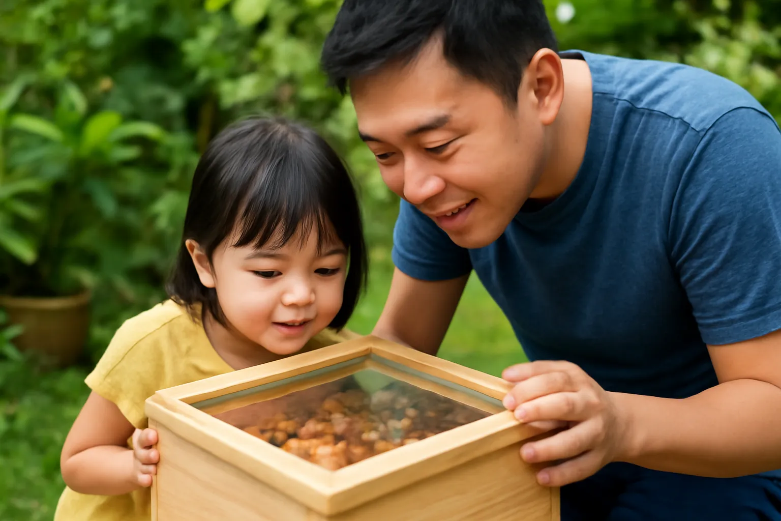 Em bé cùng bố cúi nhìn qua nắp kính thùng ong dú trong vườn nhà sáng