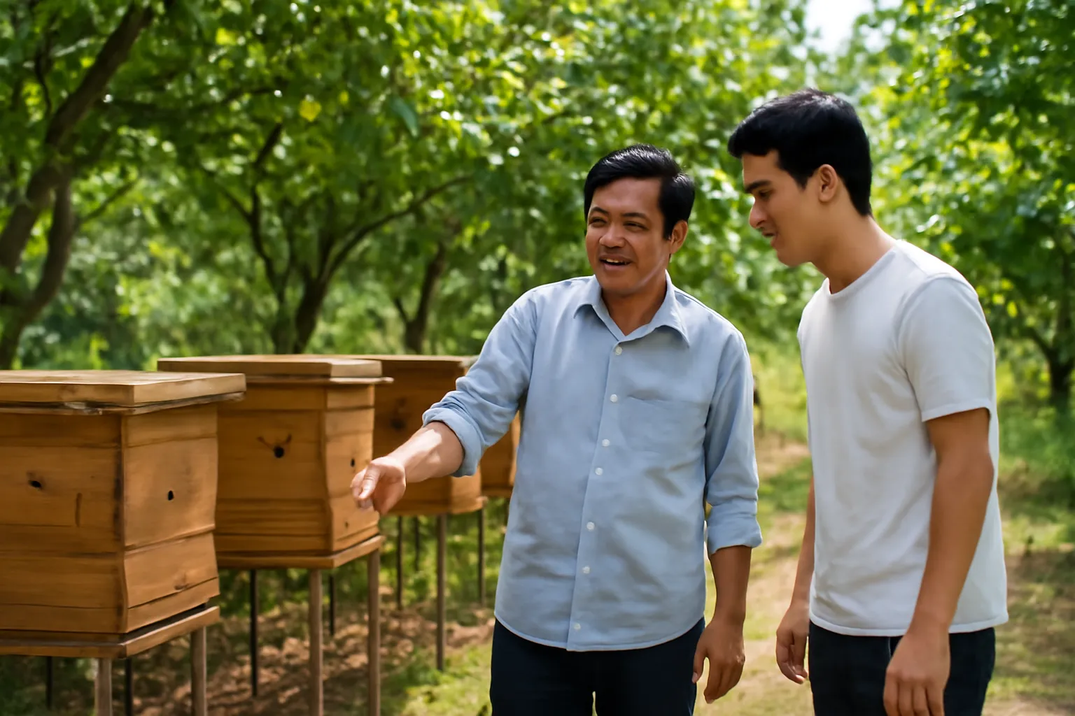 Chủ trại dẫn khách đi giữa dãy hộp ong dú đặt trên giá dưới tán cây