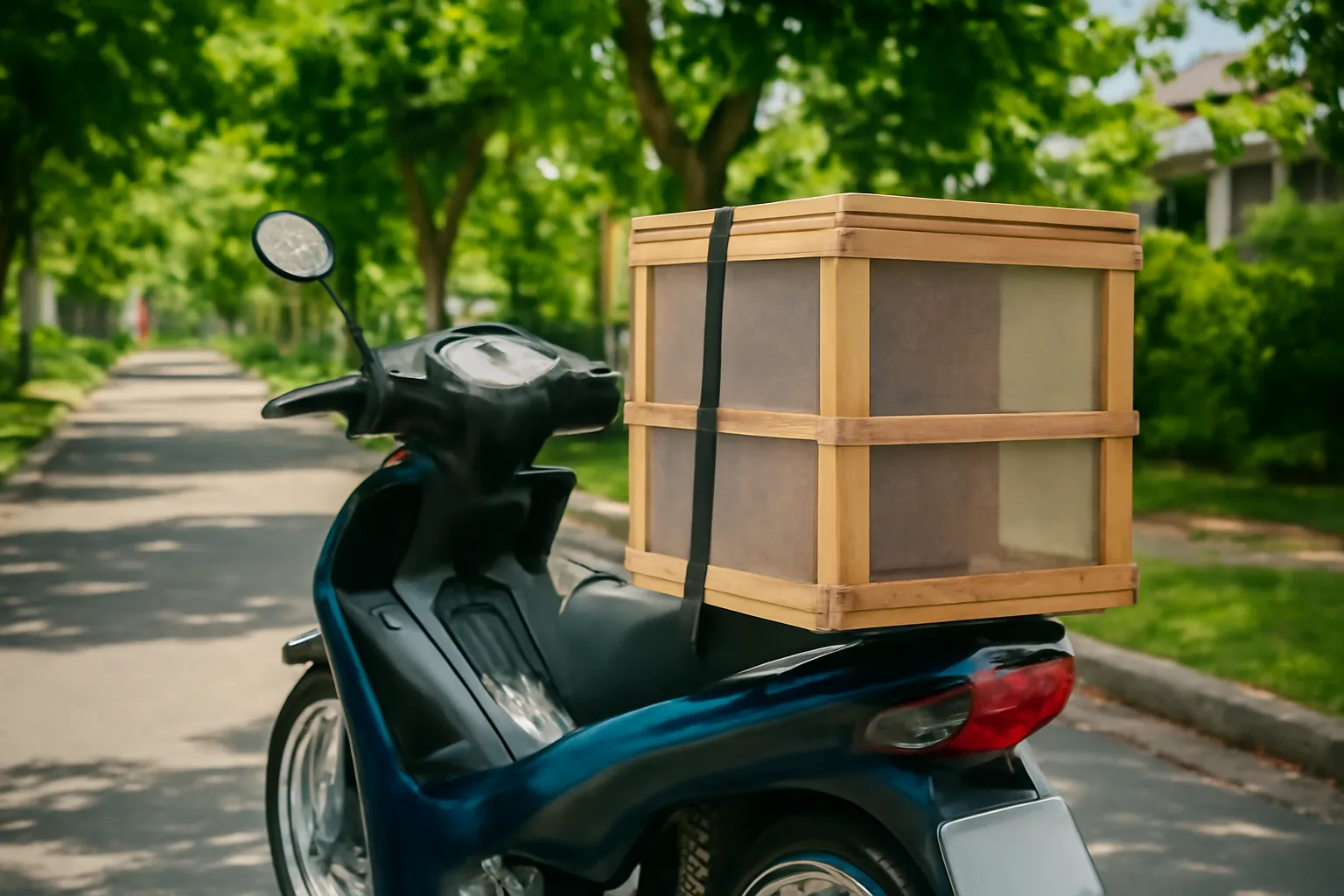 Thùng tổ ong dú bọc lưới chằng chắc trên yên sau xe máy giao hàng