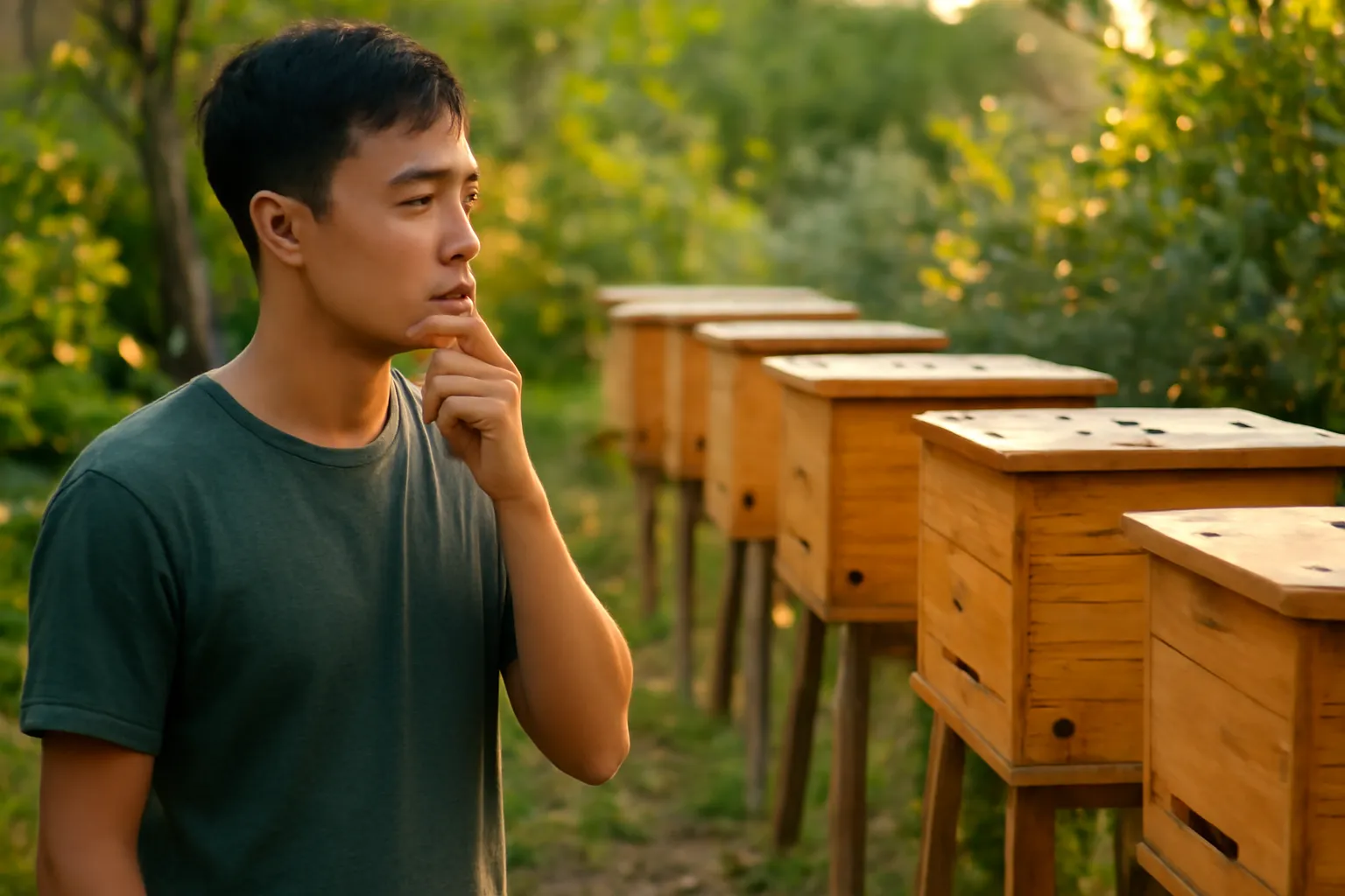 Chàng thanh niên đứng trầm ngâm nhìn dãy hộp ong dú trong vườn chiều