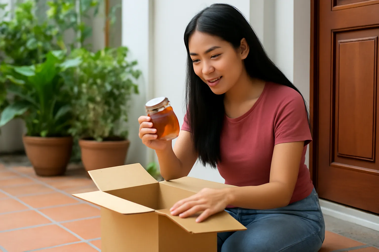 Người phụ nữ mở thùng hàng ở cửa nhà kiểm từng hũ mật