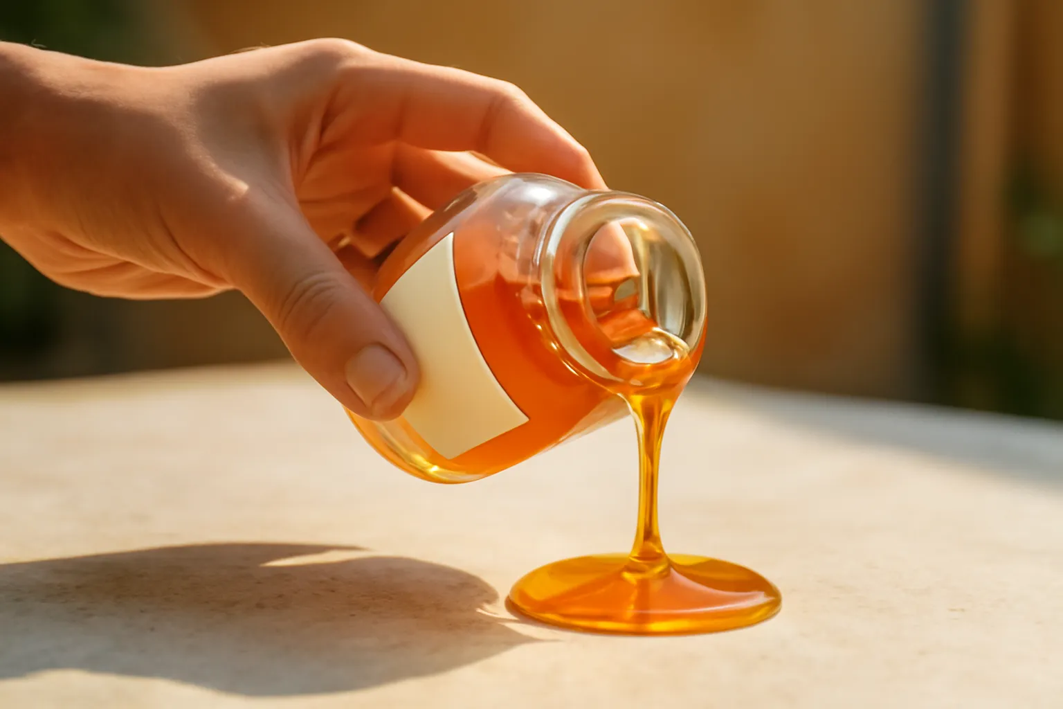 Bàn tay xoay nghiêng hũ mật ong dú dưới nắng chiều trên bàn đá