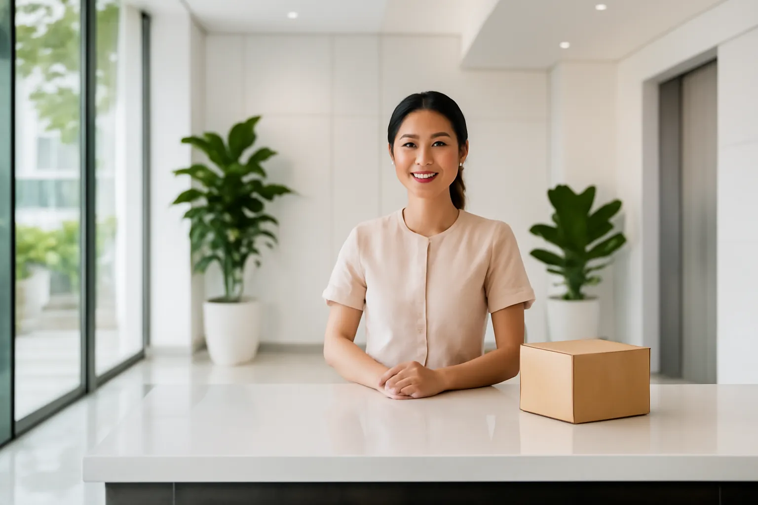 Bàn lễ tân chung cư sáng bóng có thùng hàng nhỏ đặt ở góc