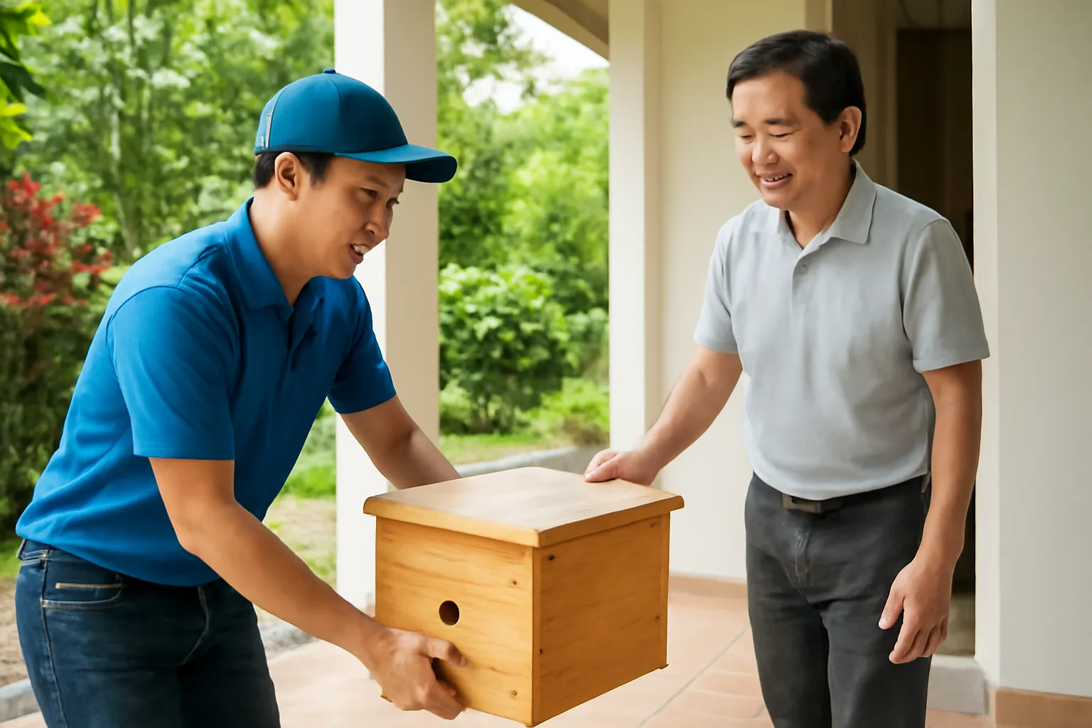 Shipper đặt thùng gỗ xuống hiên nhà, chủ nhà ra đón