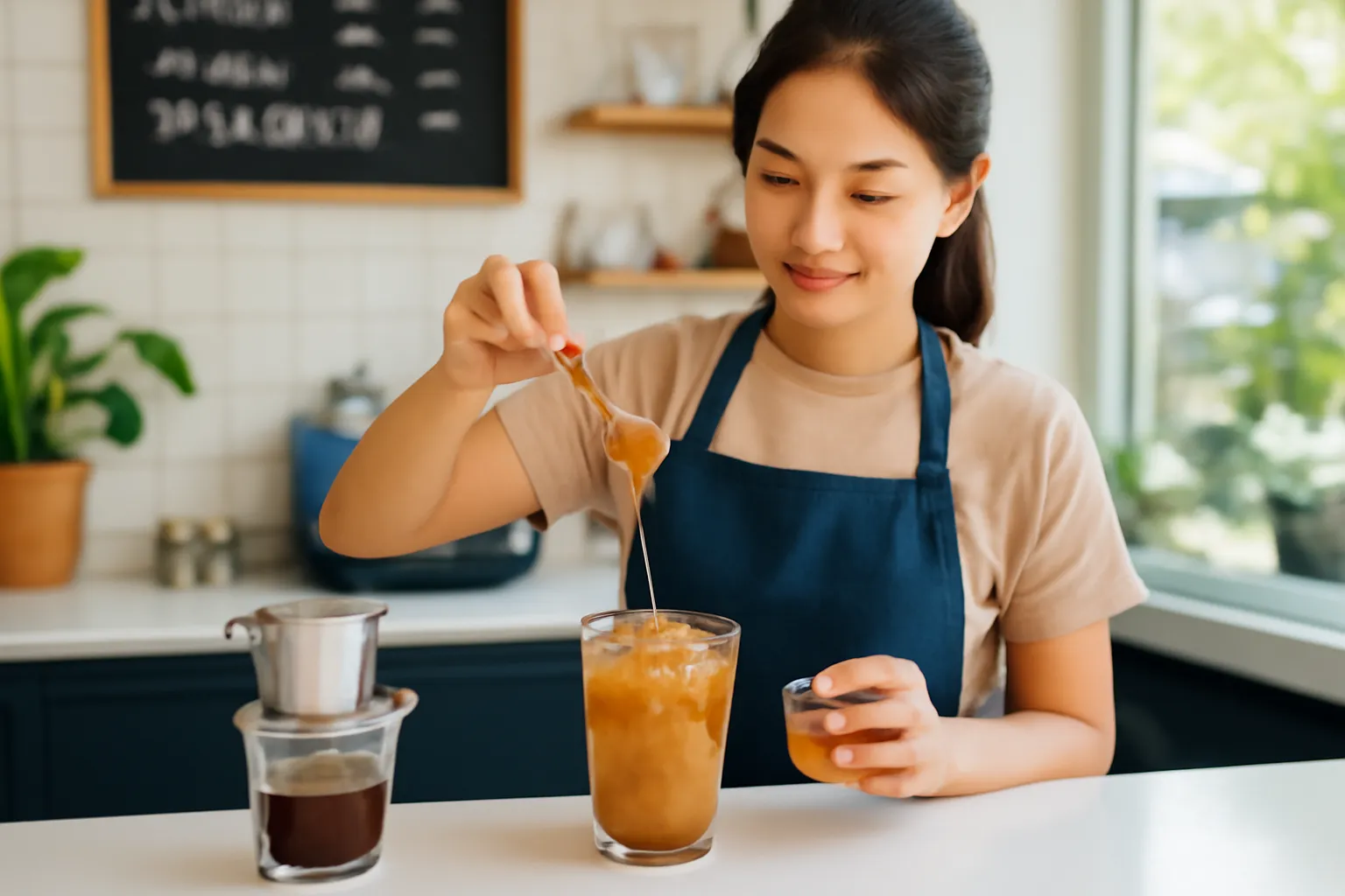 Barista rót mật ong dú vào ly đồ uống tại quầy pha chế sáng