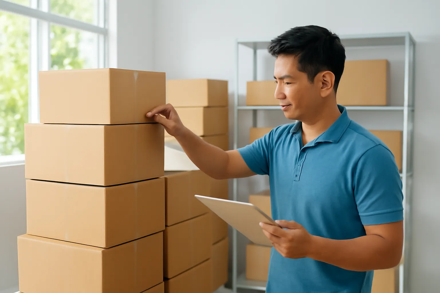 Người chủ cửa hàng đếm thùng hàng mật ong dú trong kho sáng sủa