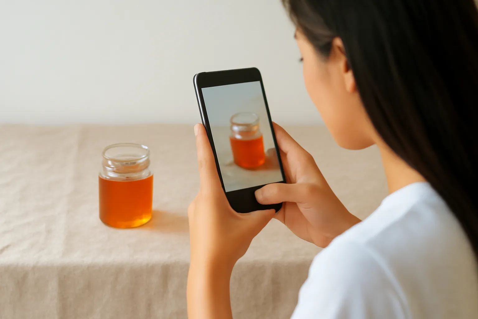 Người trẻ chụp ảnh hũ mật ong dú trên nền vải bằng điện thoại