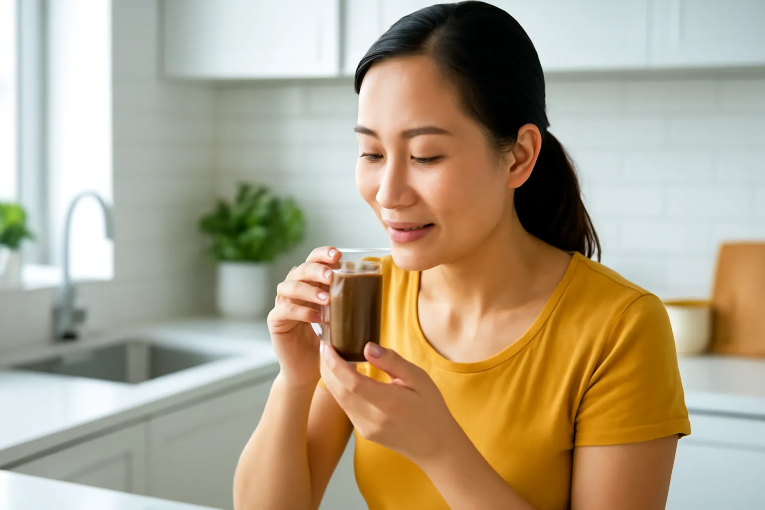 Người phụ nữ mở nắp lọ phấn ong ngửi thử bên bàn bếp sáng