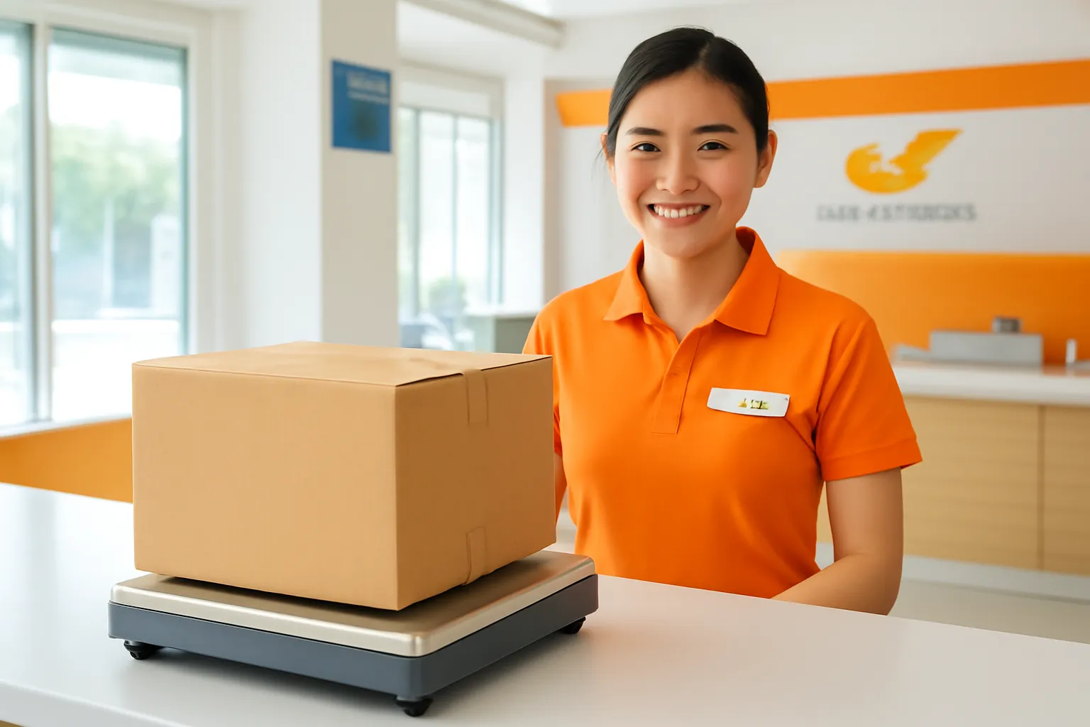 Cân thùng hàng trên bàn bưu cục, mặt cân tắt, nhân viên đứng cạnh