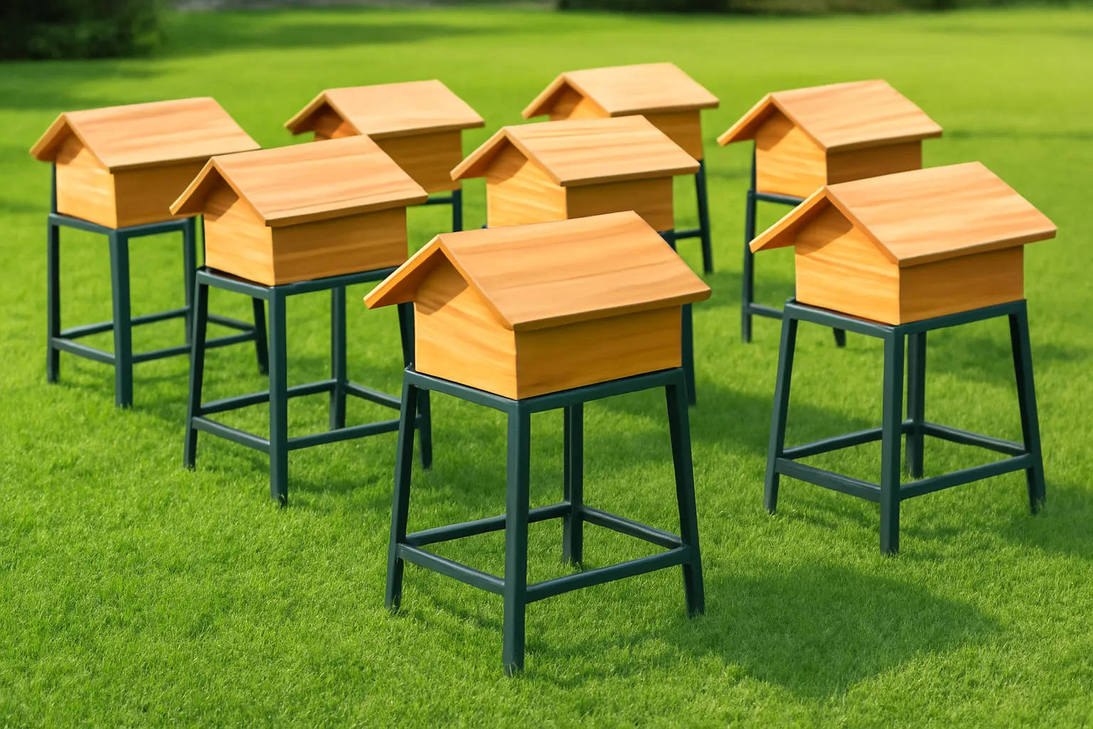 Bộ giá sắt sơn tĩnh điện và mái che nhỏ cho thùng ong dú bày trên bãi cỏ xanh