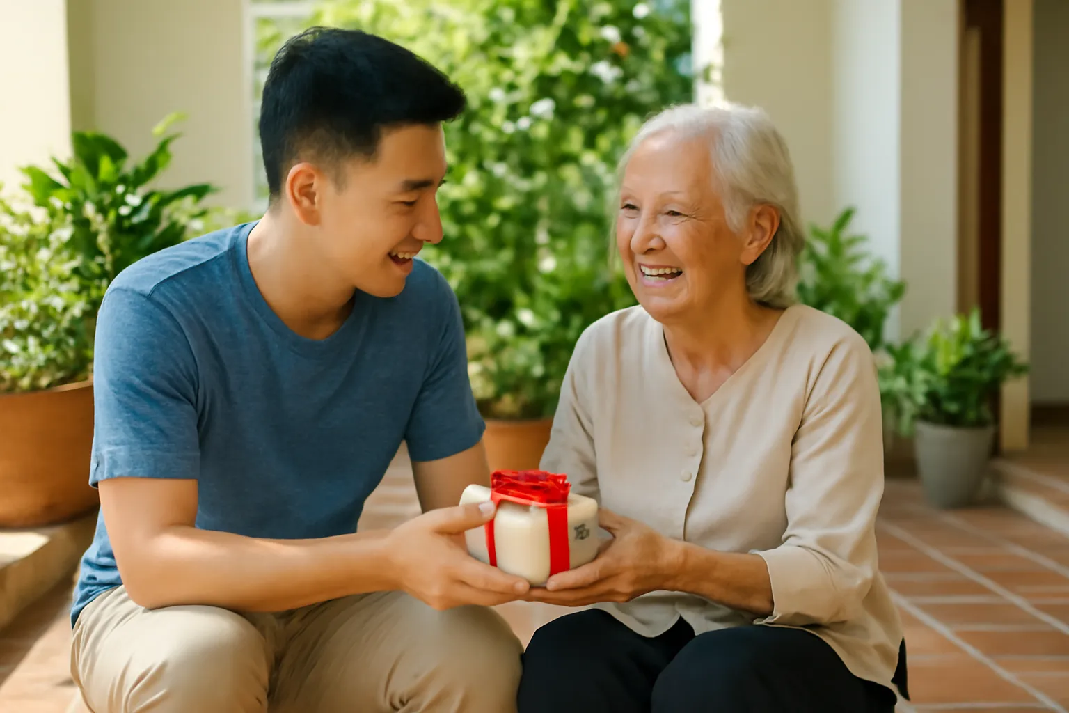 Cháu trai trao hộp quà mật ong cho bà ngoài hiên nhà đầy nắng