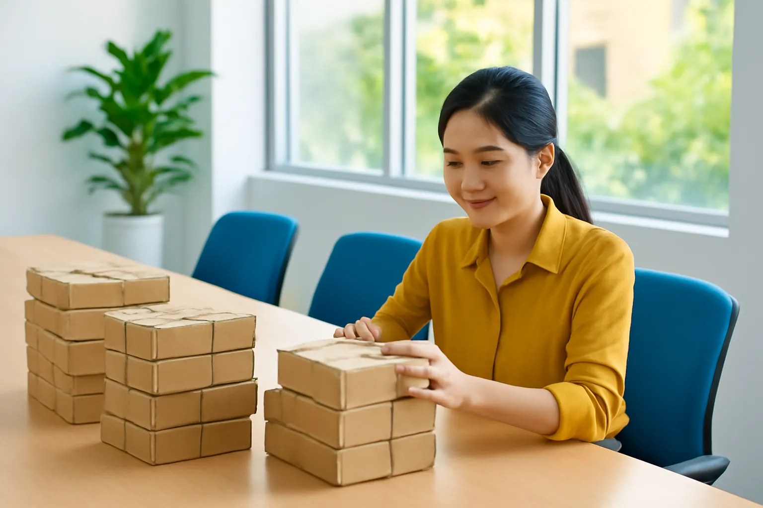Phòng họp sáng sủa với nhiều hộp quà trơn xếp trên bàn dài