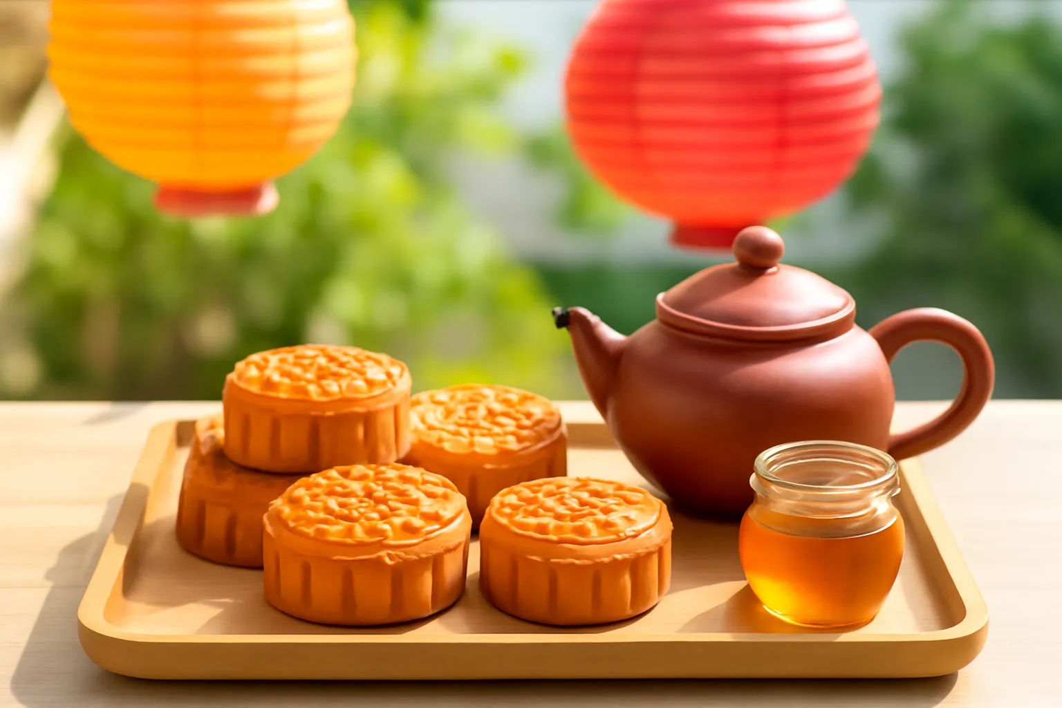 Mâm Trung thu có bánh, ấm trà và hũ mật nhỏ dưới đèn lồng