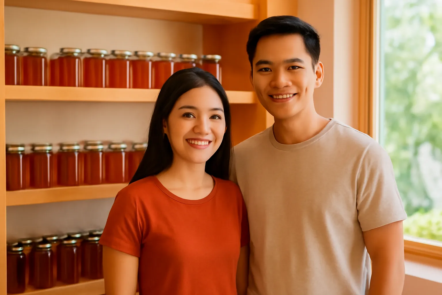 Cặp vợ chồng trẻ đứng trước kệ hũ mật ong dú trơn trong cửa hàng