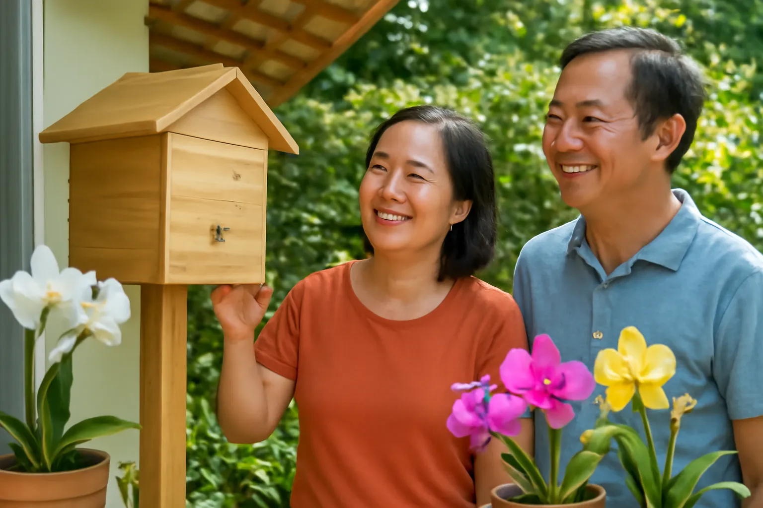 Cặp vợ chồng trung niên ngắm hộp ong dú mới đặt dưới mái hiên nhà vườn
