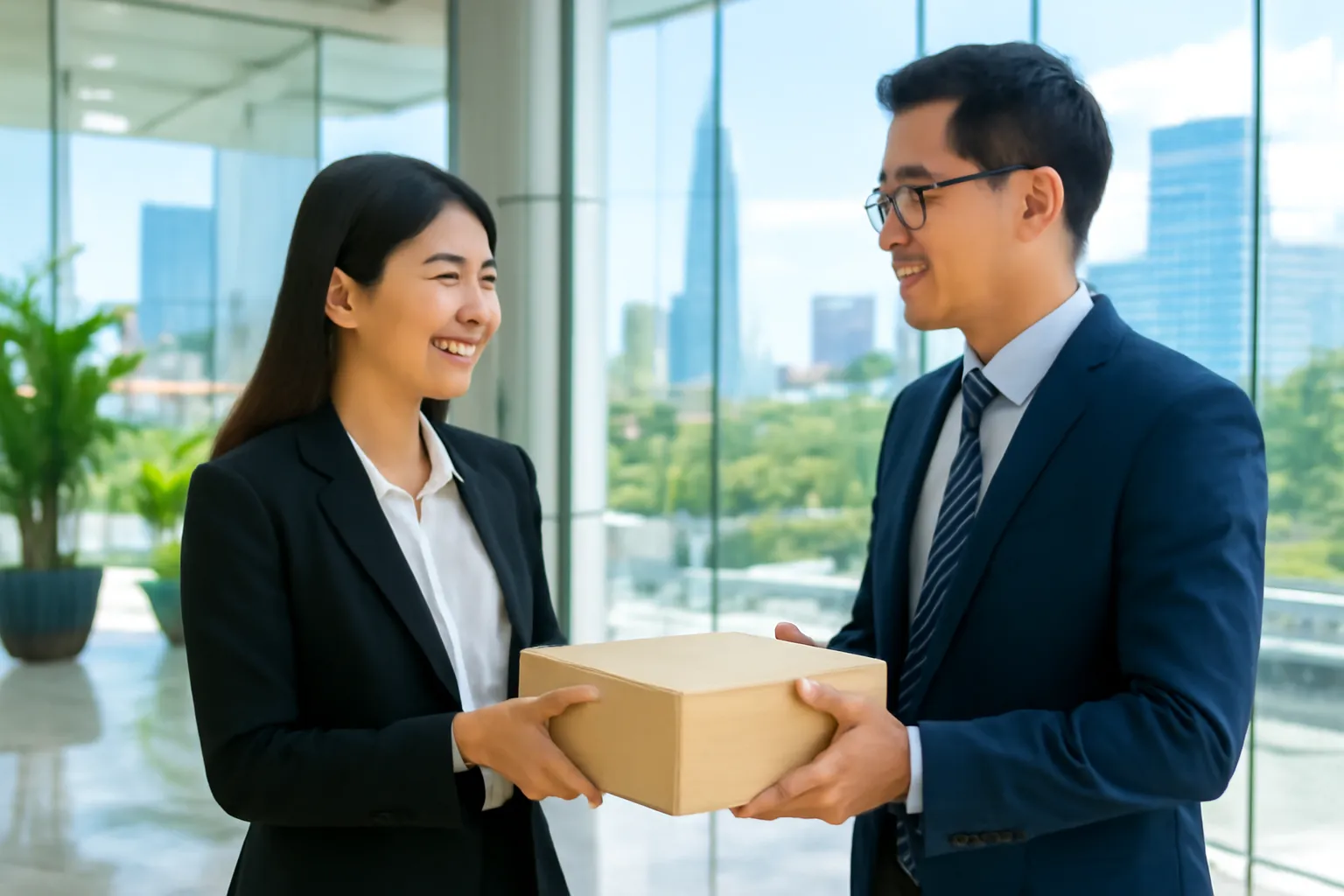 Hai doanh nhân trao hộp quà gỗ trong sảnh văn phòng kính sáng