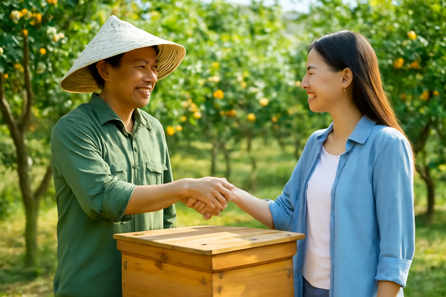 Chủ trại và khách bắt tay bên hộp ong dú gỗ trong vườn nắng nhẹ
