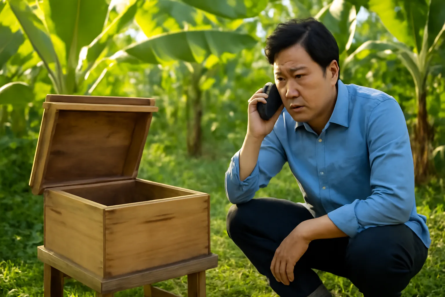 Người đàn ông ngồi xổm bên hộp ong dú vắng ong, tay cầm điện thoại gọi