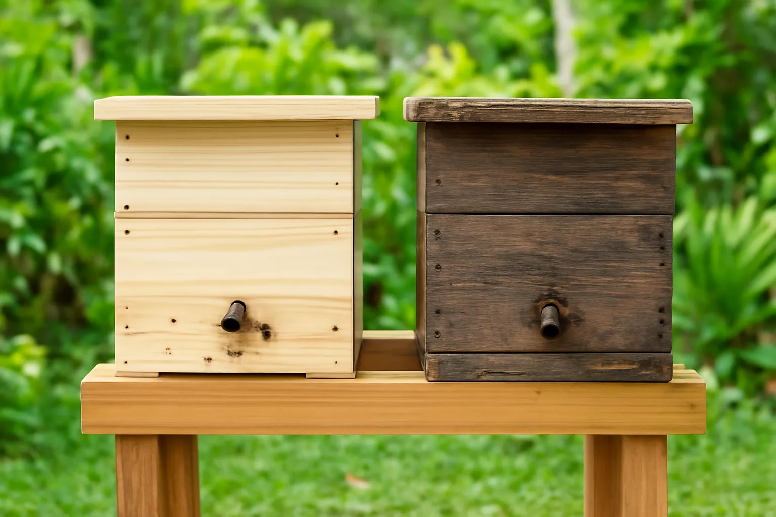 Hai hộp gỗ nuôi ong dú, một mới sáng màu một cũ sẫm, đặt cạnh nhau