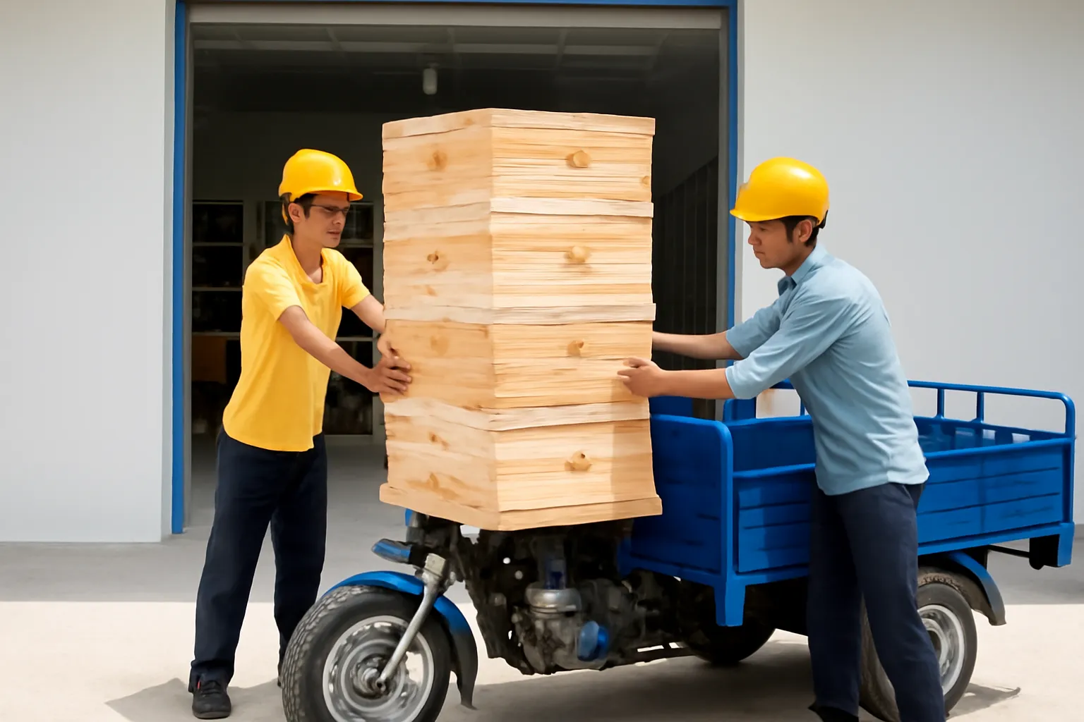 Thùng gỗ bọc màng co xếp lên xe ba gác máy trước xưởng